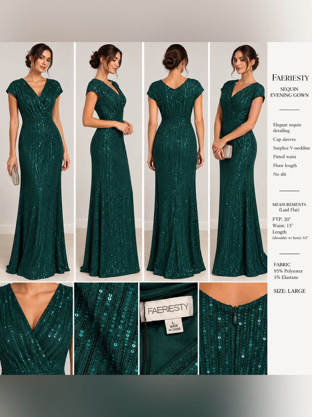 Faeriesty Emerald Green Sequin V Neck Formal Evening Gown Dress L